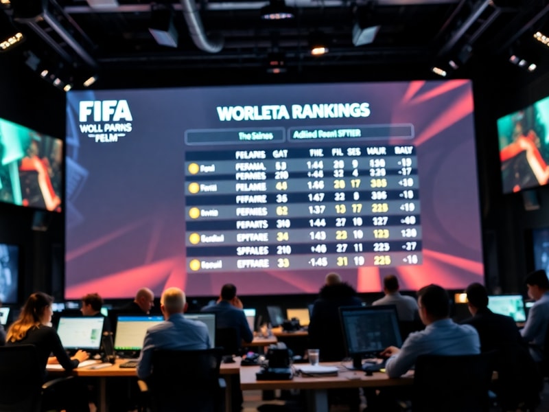 A dynamic collage of international football players in action, with a global map overlay showing team rankings. The scene inc