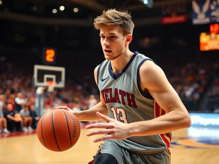 A dynamic action shot of Colt Keith in a Pistons uniform mid-game, showing his athletic form and focused expression, with blu