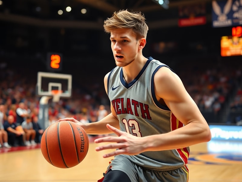 A dynamic action shot of Colt Keith in a Pistons uniform mid-game, showing his athletic form and focused expression, with blu