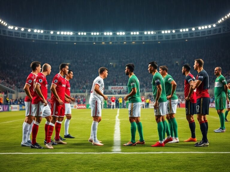A tense moment from the Austria vs Jordan match with players in action on a modern stadium pitch under floodlights, capturing