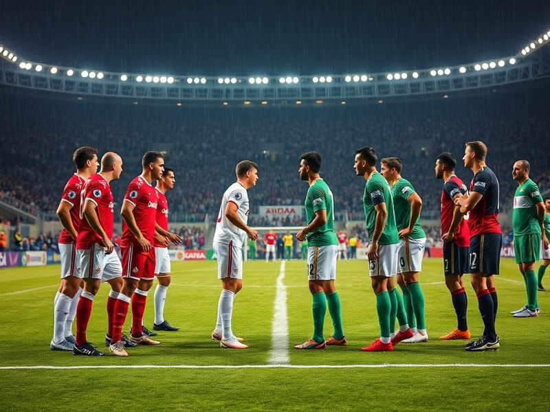 A tense moment from the Austria vs Jordan match with players in action on a modern stadium pitch under floodlights, capturing