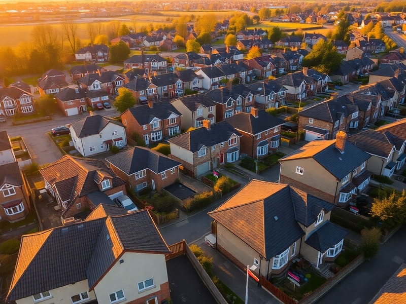 Aerial view of London skyline with diverse neighborhoods, modern and traditional architecture, highlighting urban and suburba