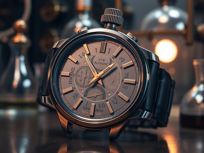 A sleek Fullmetal Alchemist Seiko watch displayed on a dark wooden surface, with the Philosopher’s Stone symbol prominently v