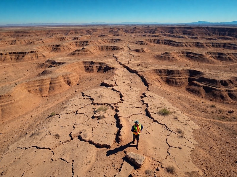 Aerial view of the San Andreas Fault line cutting through California's landscape, with visible ground cracks and surrounding