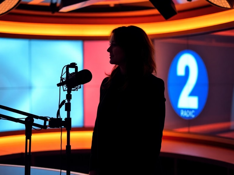 A nostalgic yet modern studio setting at BBC Radio 2, featuring a microphone and mixing board with subtle nods to Tina Dahele