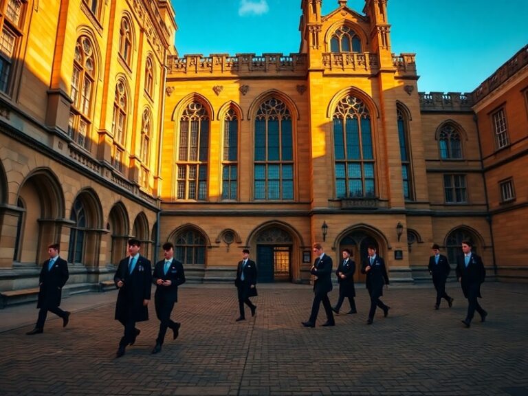 A panoramic view of Eton College's historic courtyard, showing its Gothic architecture, students in tailcoats walking through