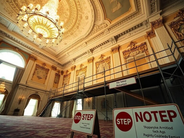 A grand view of the White House ballroom during a formal event, showcasing its chandeliers, ornate decorations, and historic