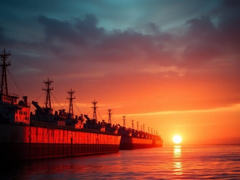 Aerial view of a large oil tanker sailing in open waters at dusk, with faint AIS tracking lines visible in the background. Th