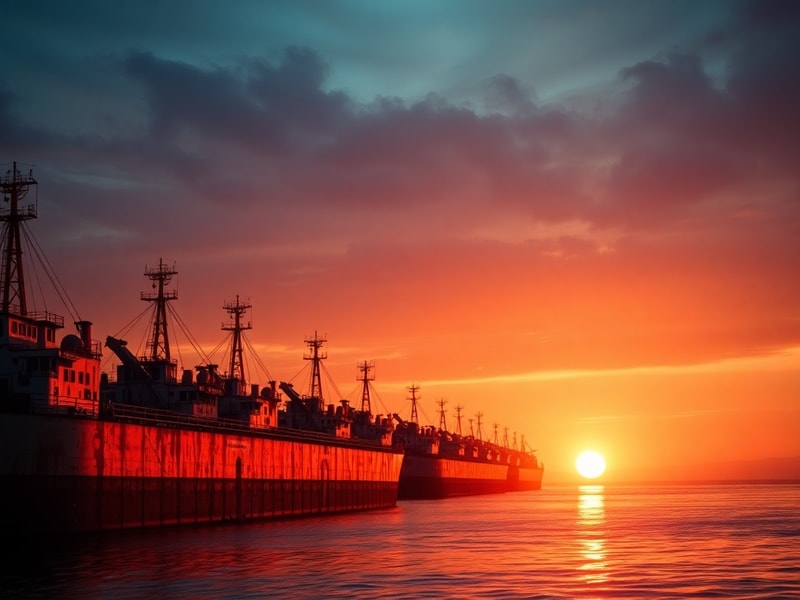 Aerial view of a large oil tanker sailing in open waters at dusk, with faint AIS tracking lines visible in the background. Th