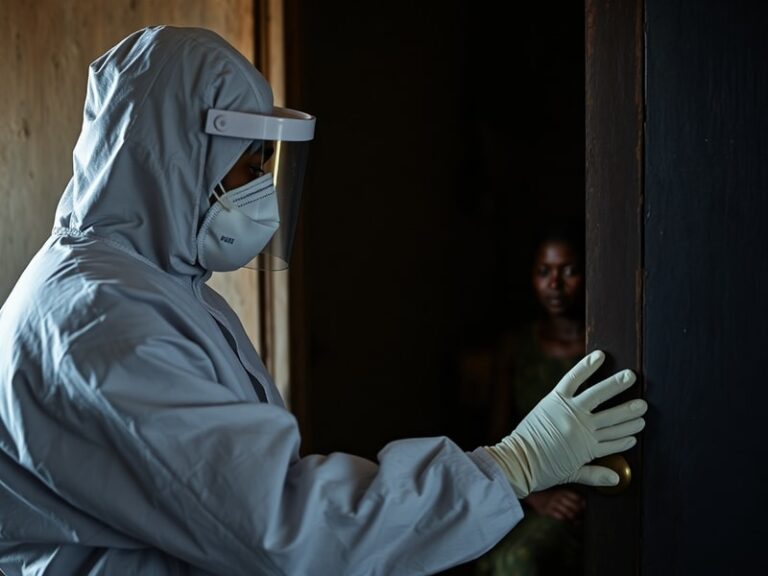 A healthcare worker in full protective gear administers a vaccine to a local resident in a rural clinic in North Kivu, DRC. T