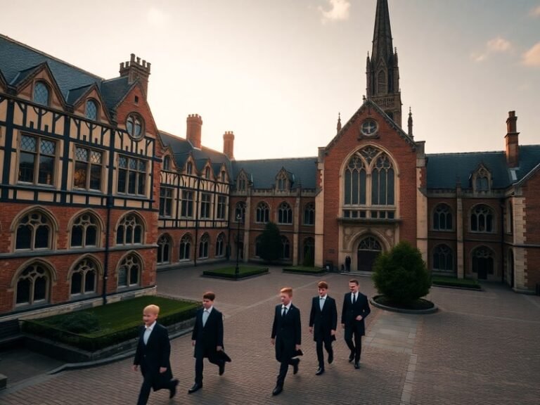 A wide-angle shot of Eton College's historic courtyard, featuring its Gothic chapel, clock tower, and students in traditional