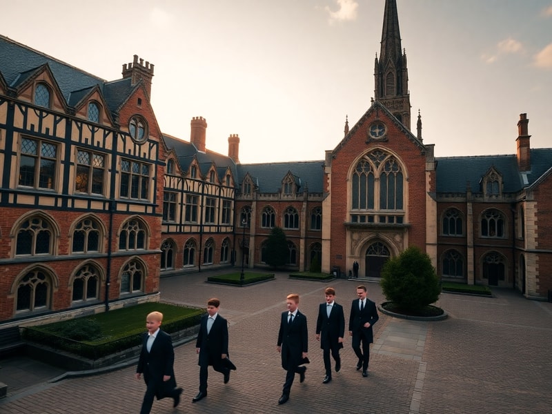 A wide-angle shot of Eton College's historic courtyard, featuring its Gothic chapel, clock tower, and students in traditional