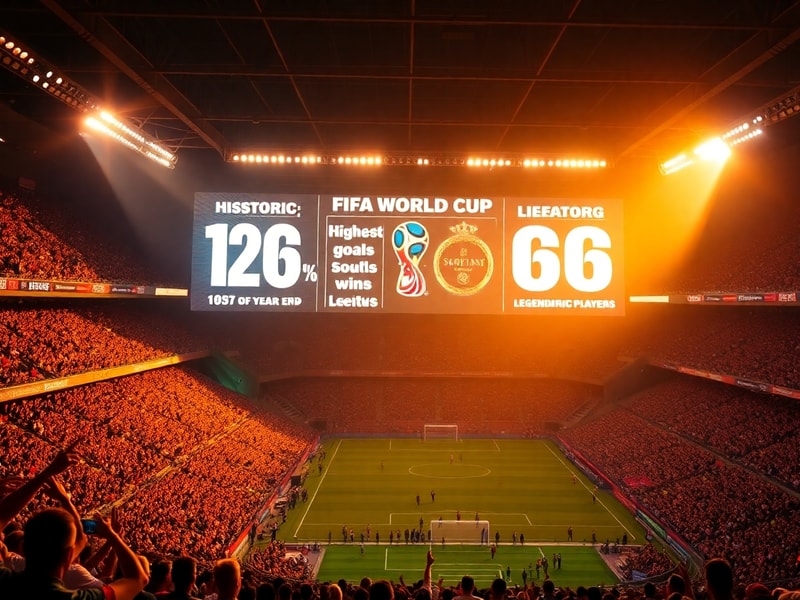 A dynamic shot of a crowded stadium during a World Cup match, with players in motion under floodlights. The image captures th