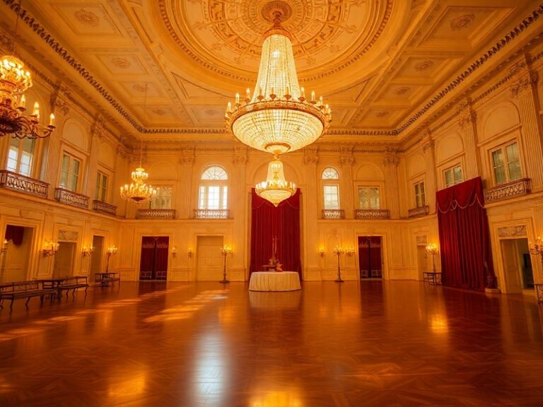 A grand view of the White House State Ballroom during a formal event, showcasing its gold-leaf detailing, crystal chandeliers