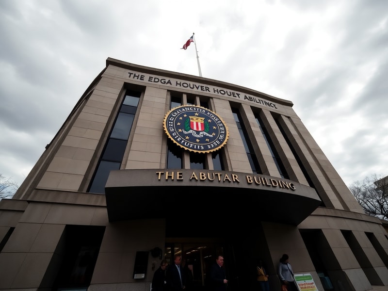 Aerial view of the J. Edgar Hoover FBI Building in Washington D.C. at dusk, with the FBI seal prominently displayed. The imag