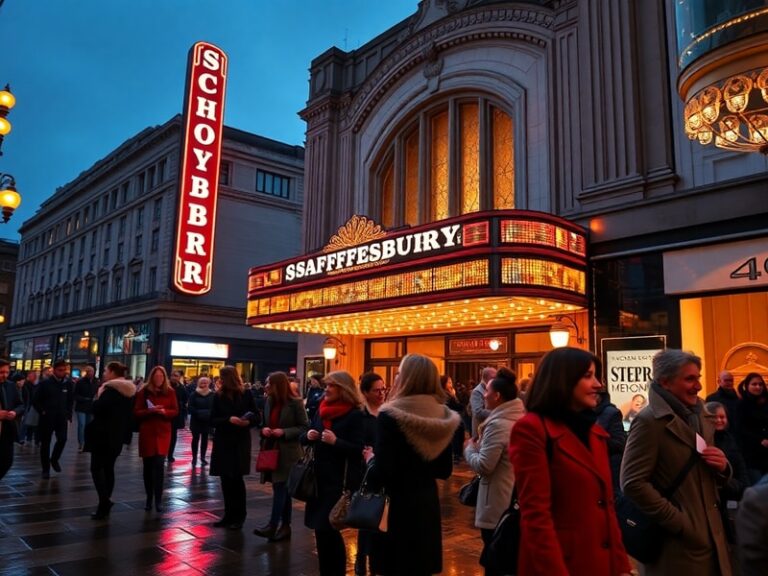 A vibrant exterior shot of the Shaftesbury Theatre at dusk, showcasing its red-brick façade and illuminated marquee. The scen