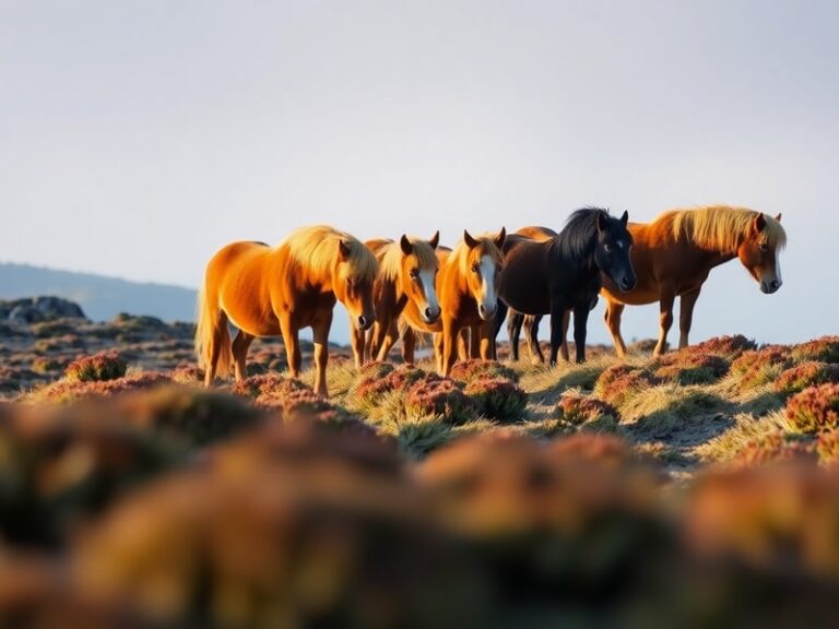 A misty moorland scene at dawn, with a small herd of Dartmoor ponies grazing on heather-covered hills. The ponies have thick,
