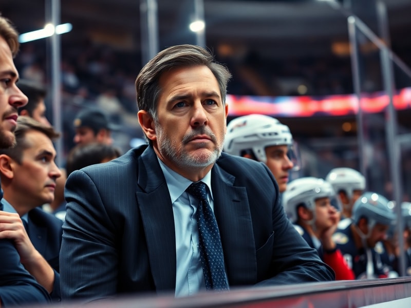 A dynamic action shot of John Tortorella on the bench, wearing a suit and tie, with a focused and intense expression. The bac