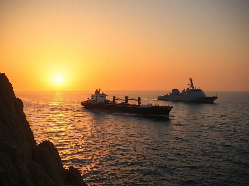 An aerial view of the Strait of Hormuz at dusk, showing tankers navigating the narrow shipping lanes flanked by rugged coastl