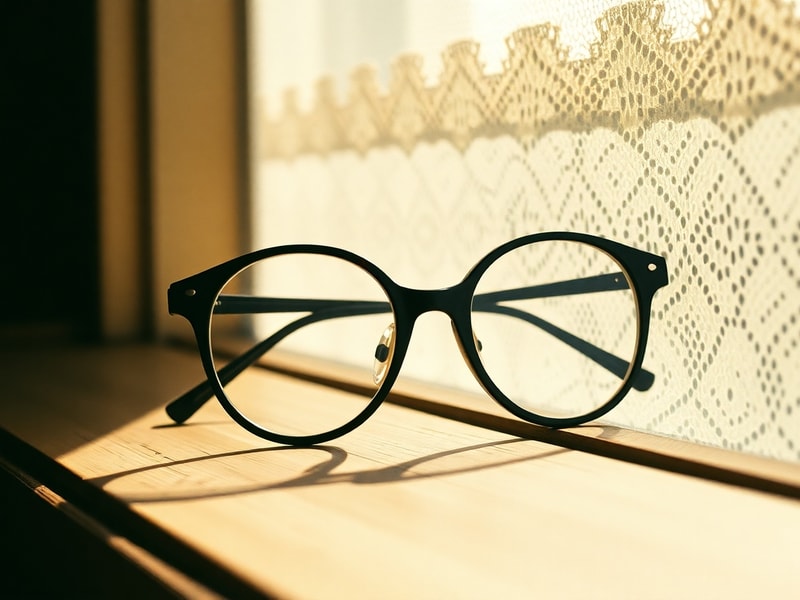 A close-up of vintage Snap Specs (black frame with circular camera) resting on a wooden surface, bathed in soft, retro lighti