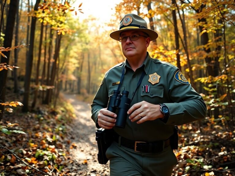 A forester in a green uniform surveys a dense Pennsylvania forest from a game trail, with a rifle slung over his shoulder and