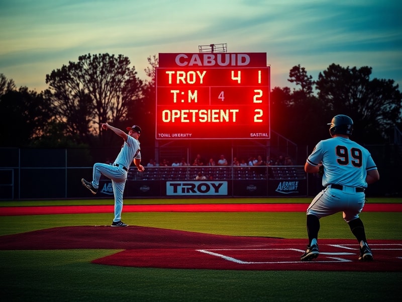 A dynamic action shot of the Troy University baseball team mid-game, with players in green and gray uniforms, a pitcher in mi