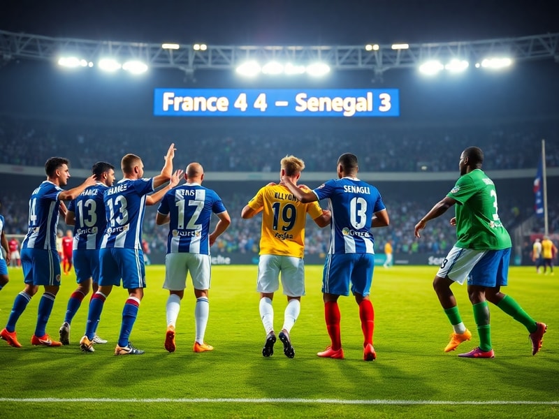 A vibrant stadium atmosphere with fans in blue (France) and green (Senegal) jerseys cheering during a high-energy match. The