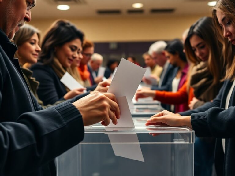 A diverse group of people standing in line at a modern polling station, with digital screens displaying voting options and gl