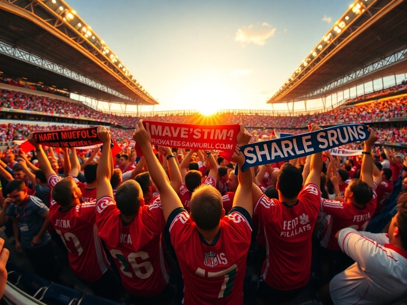 A vibrant digital collage showing fans from diverse backgrounds celebrating in front of a large screen displaying a World Cup