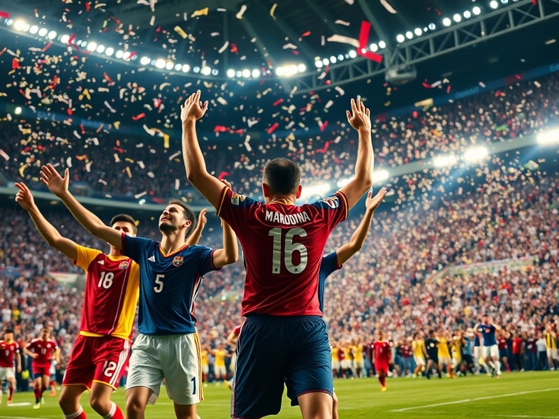 A collage of World Cup legends like Klose, Ronaldo, and Müller celebrating their goals, set against a stadium backdrop with a