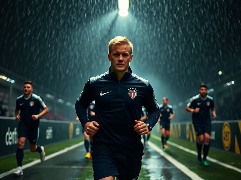 A dynamic action shot of Erling Haaland in a Manchester City kit, mid-celebration after scoring a goal. The background featur