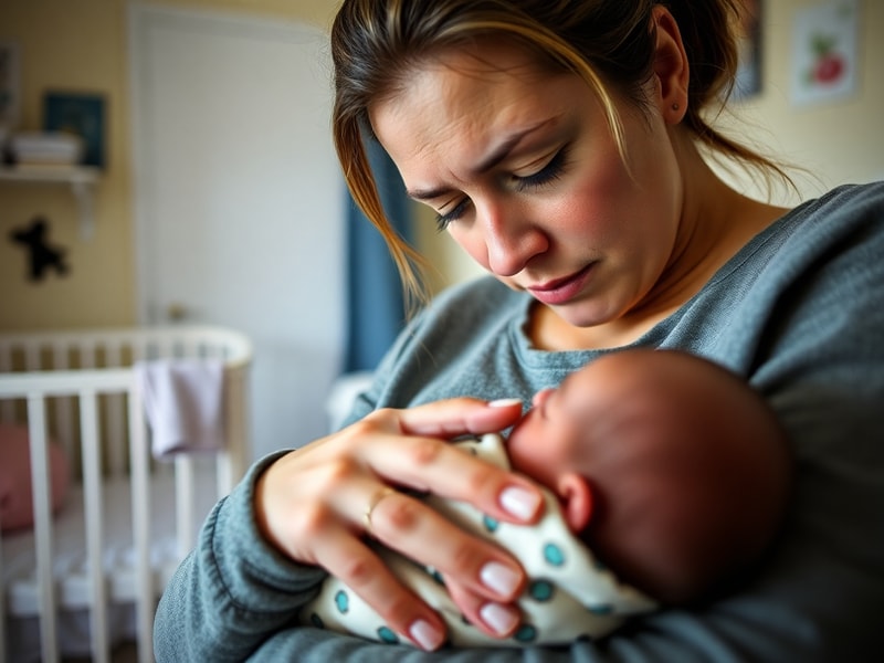 A documentary filmmaker in a dimly lit interview room captures a mother holding her newborn, with visible emotion and scienti