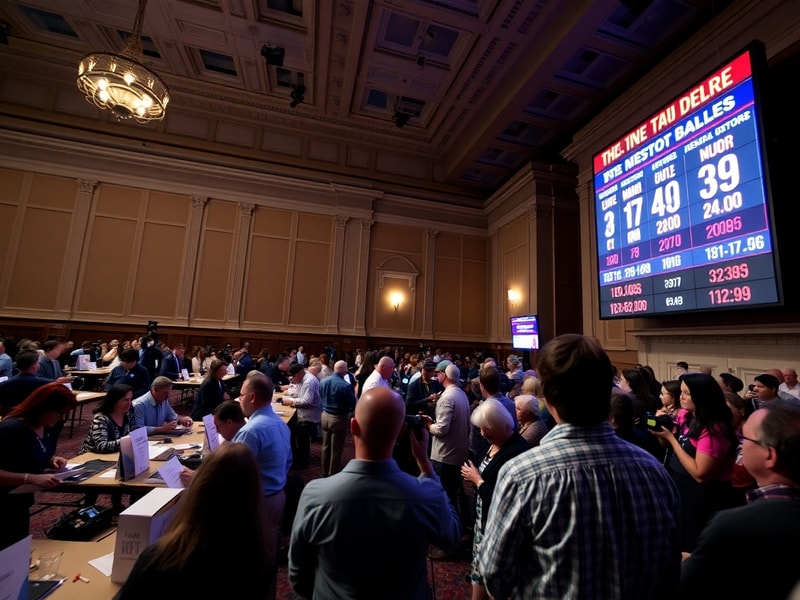 A split-image visual: one side showing an Oklahoma state flag with election ballot boxes, the other side showing a diverse gr
