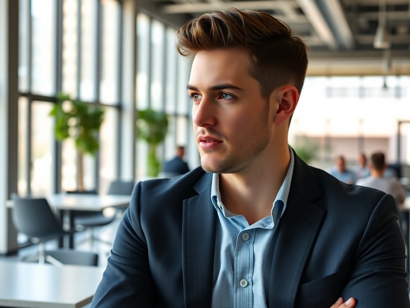 A professional portrait of Josh Heuston in a modern office setting, wearing business casual attire, with a city skyline visib