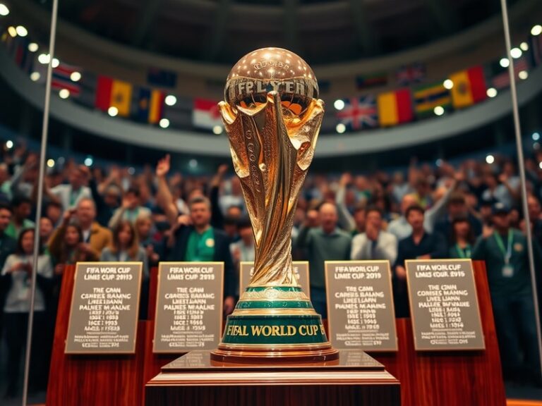 A panoramic stadium shot filled with jubilant fans waving flags of different nations, with a large World Cup trophy prominent