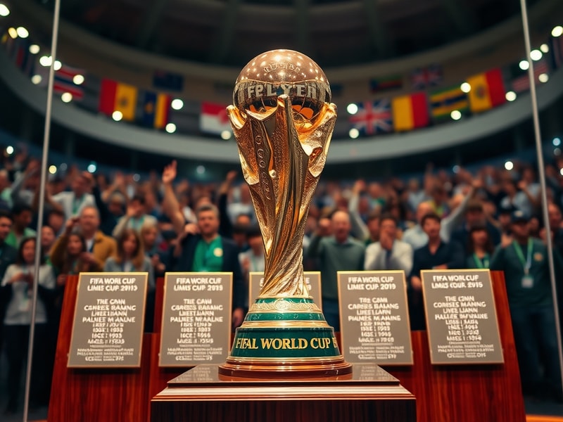 A panoramic stadium shot filled with jubilant fans waving flags of different nations, with a large World Cup trophy prominent