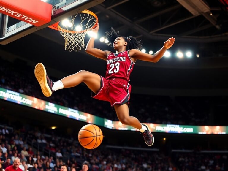 A dynamic action shot of Aliyah Boston in a South Carolina Gamecocks uniform, mid-game with a focused expression, showcasing