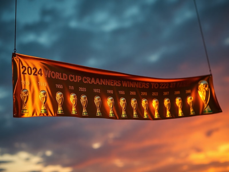 A vibrant collage of World Cup trophies, historic stadiums, and legendary players from different eras, set against a dynamic
