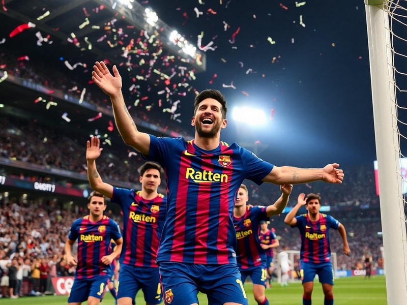 A dynamic action shot of Lionel Messi in a blue and white Argentina jersey, mid-dribble with the World Cup trophy visible in
