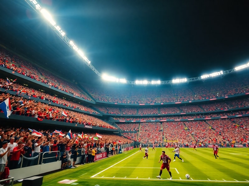 A vibrant stadium filled with fans, players in action under bright floodlights, and a scoreboard displaying tomorrow's World