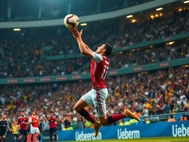 A dynamic action shot of Cristiano Ronaldo mid-celebration after scoring a World Cup goal, wearing the Portugal national team