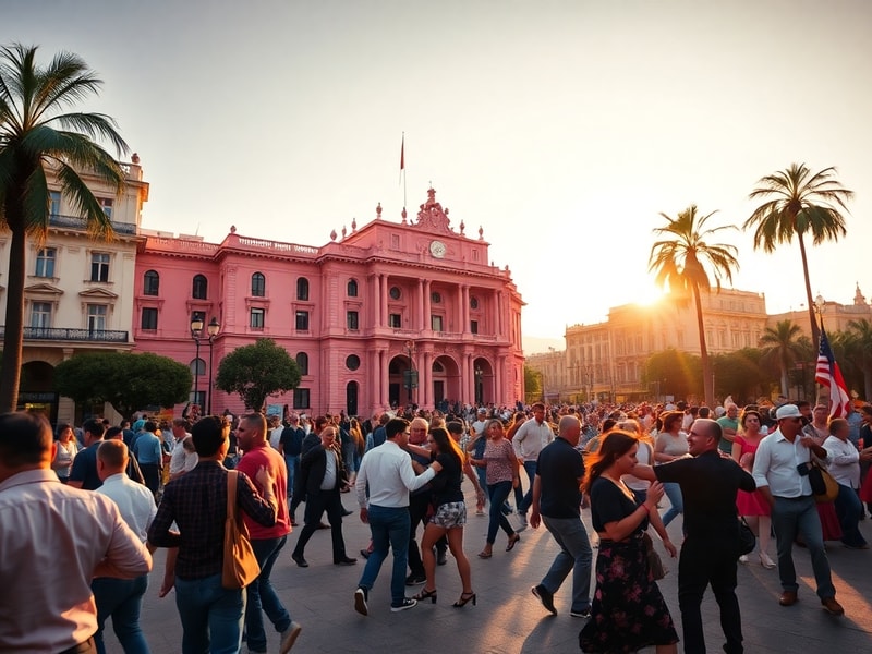 A vibrant street scene in Buenos Aires at dusk, featuring colorful colonial buildings, a couple dancing tango on a cobbleston