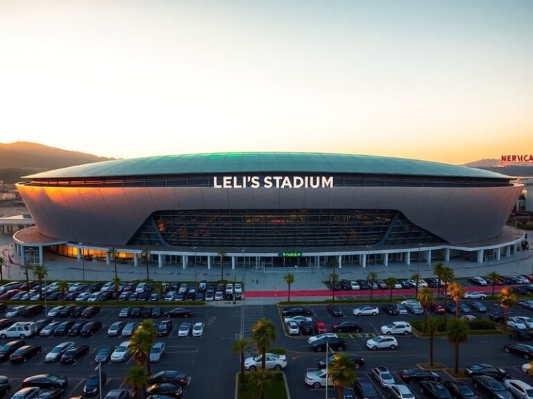 A panoramic view of Levi's Stadium at dusk, showcasing its modern architecture, Green Roof, and the glowing interior lights.