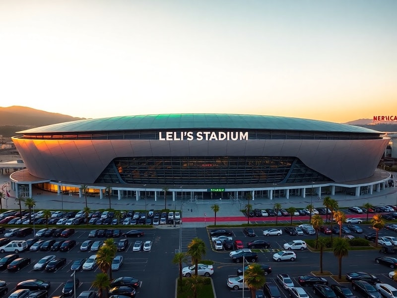 A panoramic view of Levi's Stadium at dusk, showcasing its modern architecture, Green Roof, and the glowing interior lights.