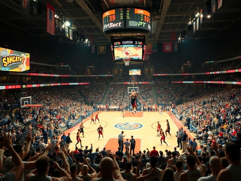 A split-screen image: left side shows Jordan’s iconic 1982 NCAA championship shot; right side displays a modern Air Jordan sn