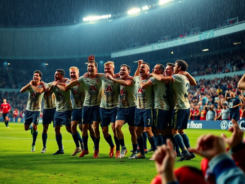 A packed football stadium with fans cheering, players celebrating a goal, and a scoreboard showing recent match results. The