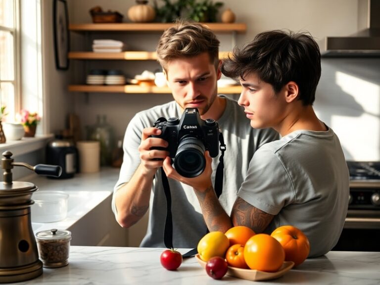 A stylish, cinematic shot of Brooklyn Beckham in a modern studio, surrounded by design sketches and crafting tools. He’s mid-
