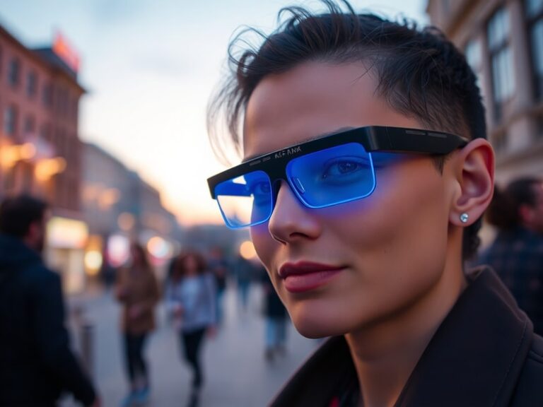 A stylish pair of Snap AR glasses displayed on a modern desk with a blurred cityscape background, showcasing their sleek desi