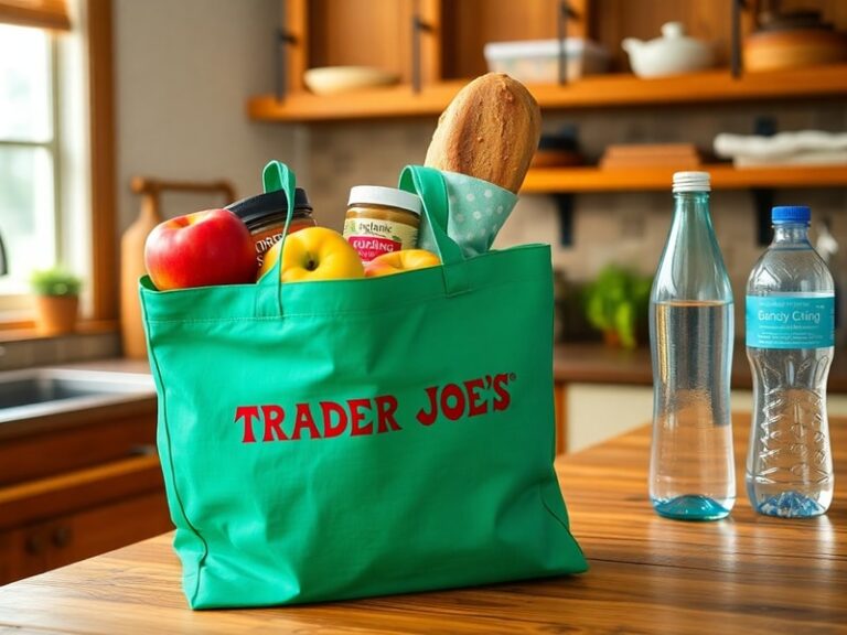 A well-lit Trader Joe’s store aisle with a prominently displayed tote bag, surrounded by groceries and customers. The tote fe