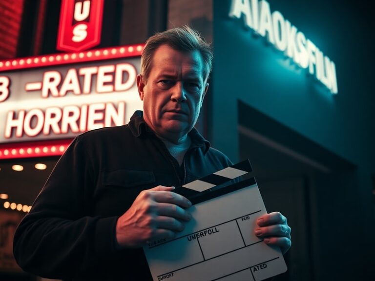 A split-screen image of Uwe Boll directing on set, with a vintage VHS-style filter. On one side, he’s in a studio with green